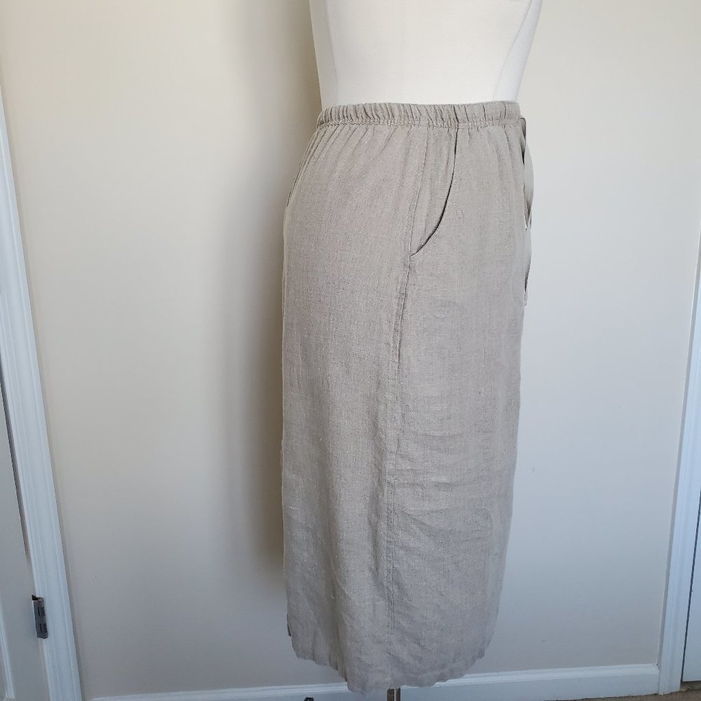 Silhouettes Plus Size 1X 100% Linen Skirt Pockets Elastic Waist Back Slit Beige - Picture 3 of 12